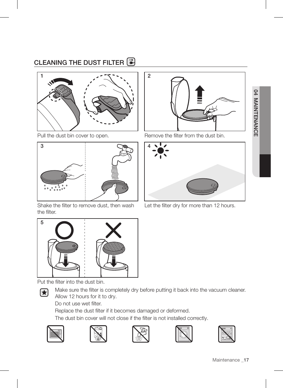 Cleaning the dust filter | Samsung VC12F70HNHR-AA User Manual | Page 17 / 72