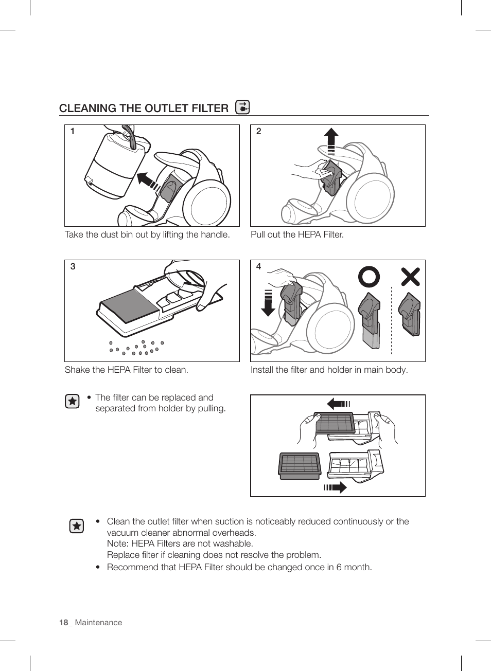 Cleaning the outlet filter | Samsung VC12F70HNHR-AA User Manual | Page 18 / 72