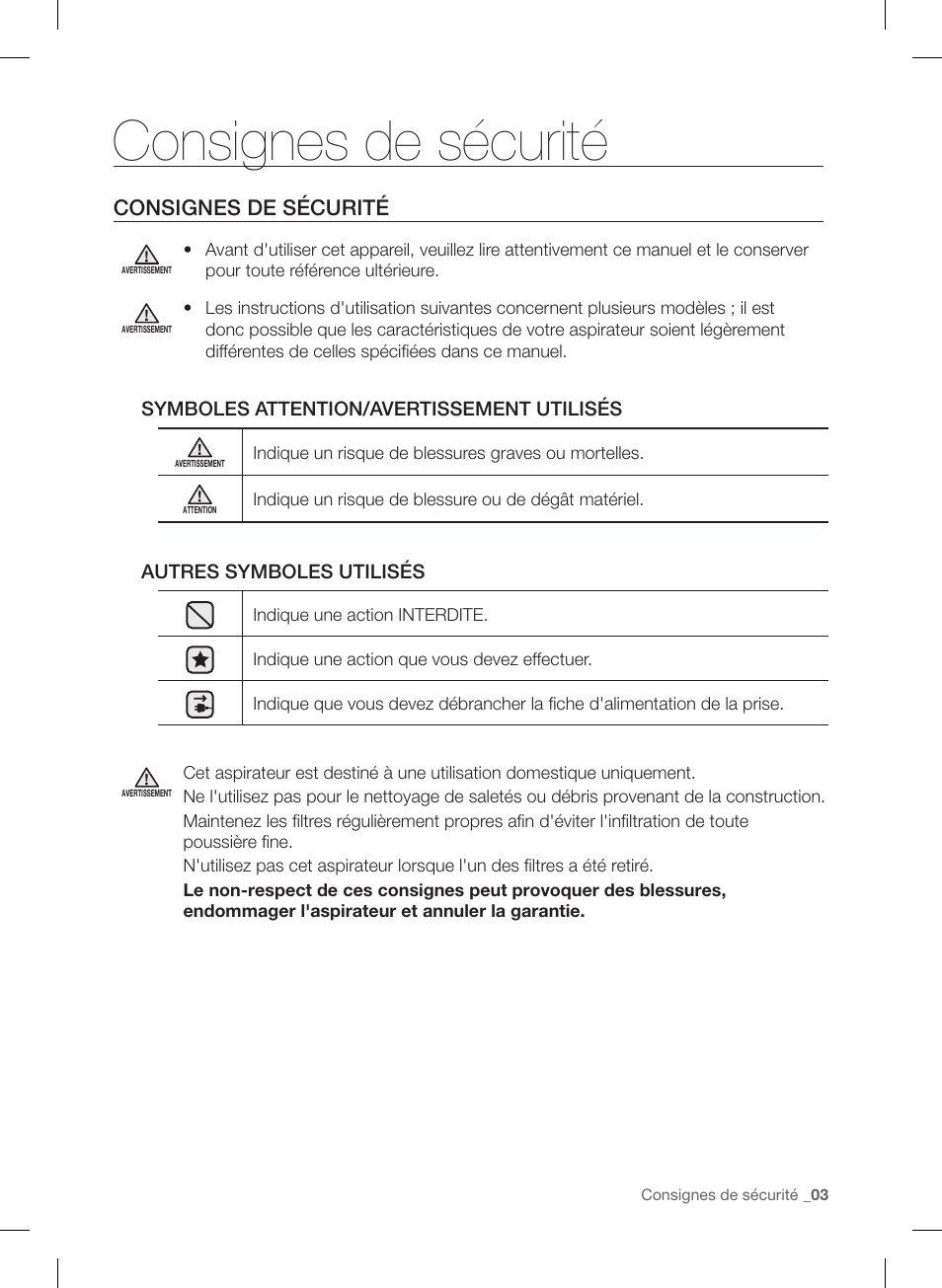 Consignes de sécurité | Samsung VC12F70HNHR-AA User Manual | Page 27 / 72