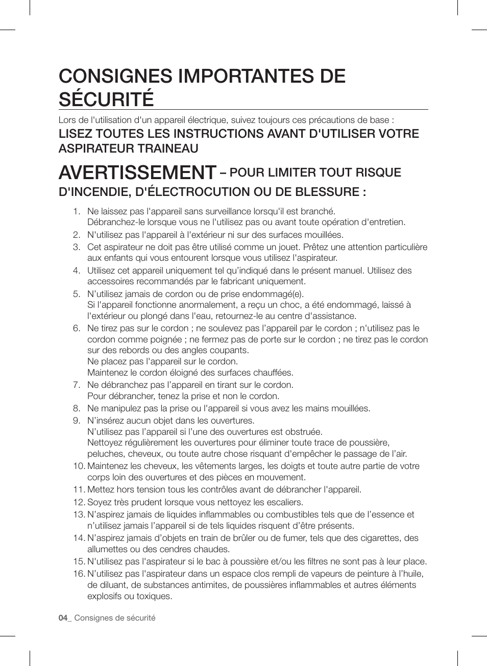 Consignes importantes de sécurité, Avertissement | Samsung VC12F70HNHR-AA User Manual | Page 28 / 72