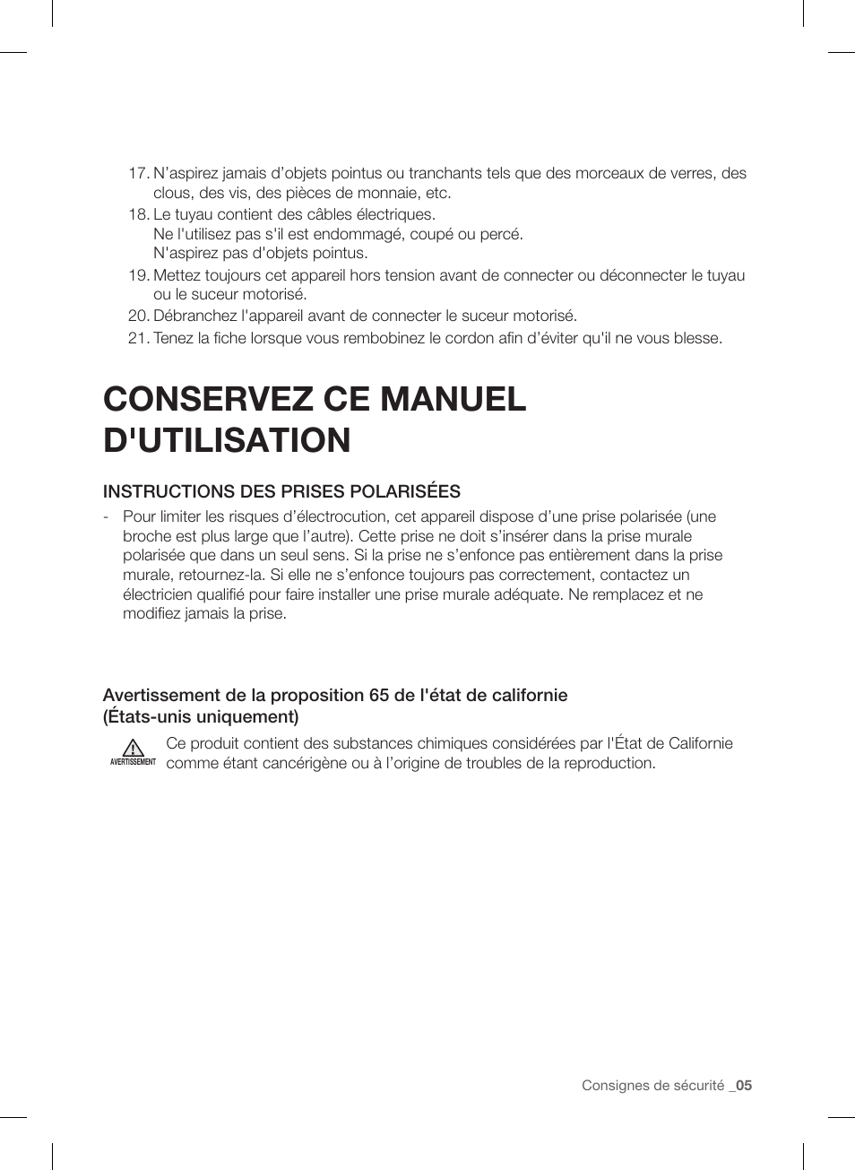 Conservez ce manuel d'utilisation | Samsung VC12F70HNHR-AA User Manual | Page 29 / 72