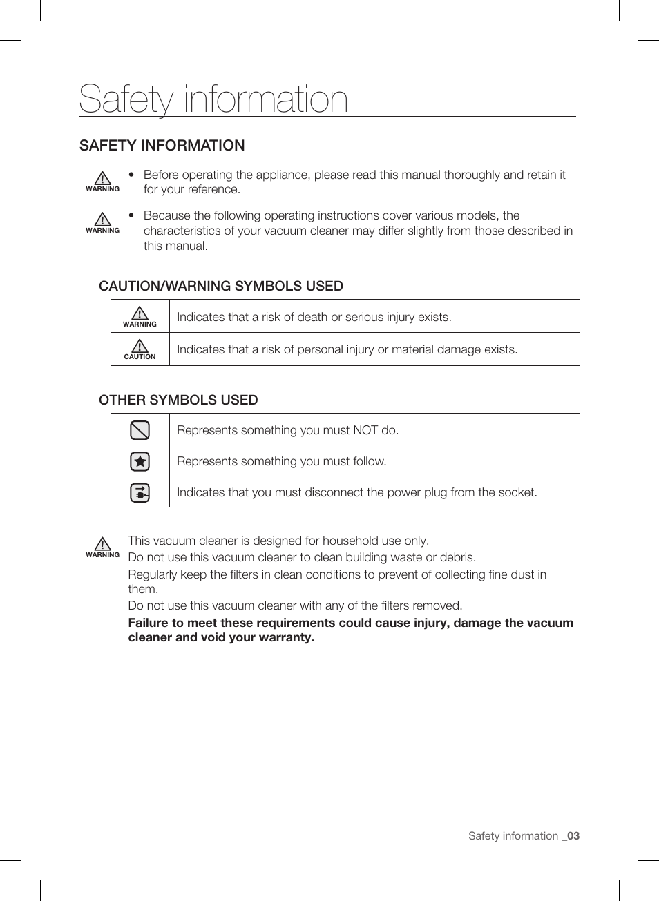 Safety information | Samsung VC12F70HNHR-AA User Manual | Page 3 / 72