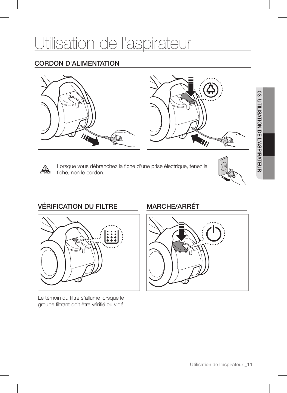 Utilisation de l'aspirateur | Samsung VC12F70HNHR-AA User Manual | Page 35 / 72