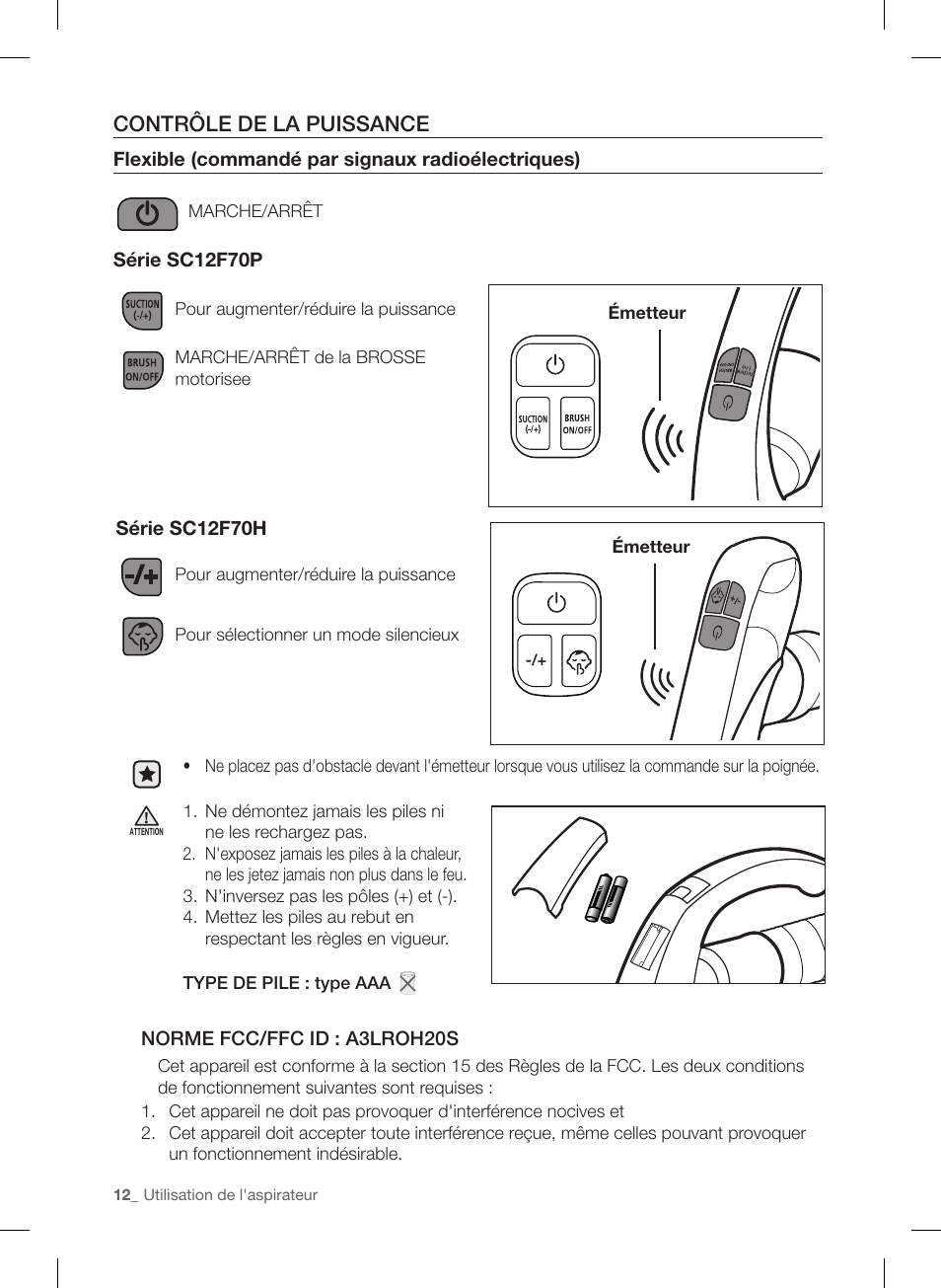 Contrôle de la puissance | Samsung VC12F70HNHR-AA User Manual | Page 36 / 72