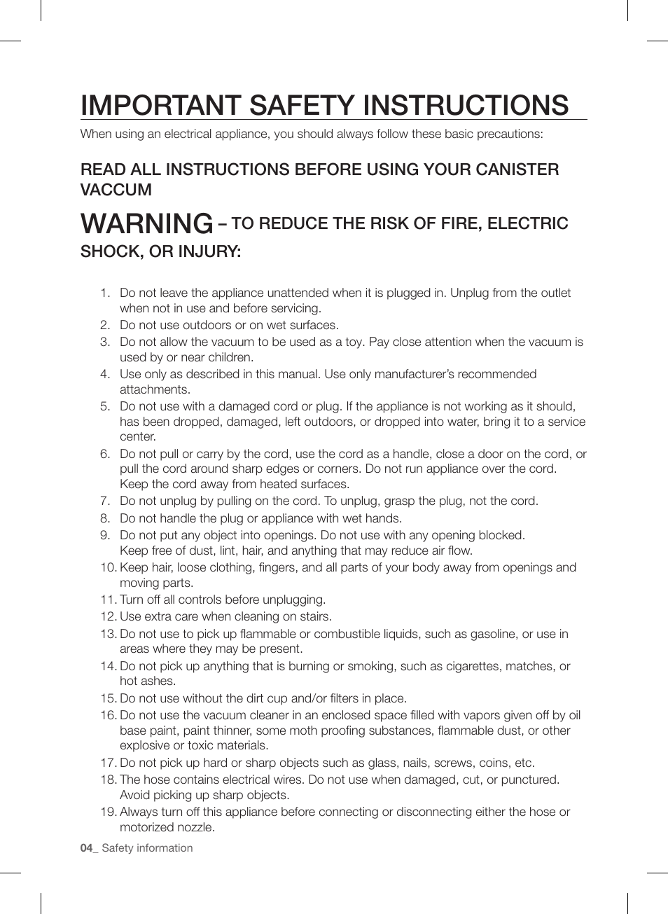 Important safety instructions, Warning | Samsung VC12F70HNHR-AA User Manual | Page 4 / 72