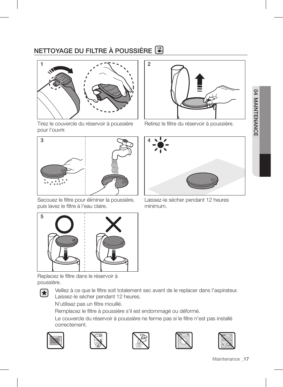 Nettoyage du filtre à poussière | Samsung VC12F70HNHR-AA User Manual | Page 41 / 72