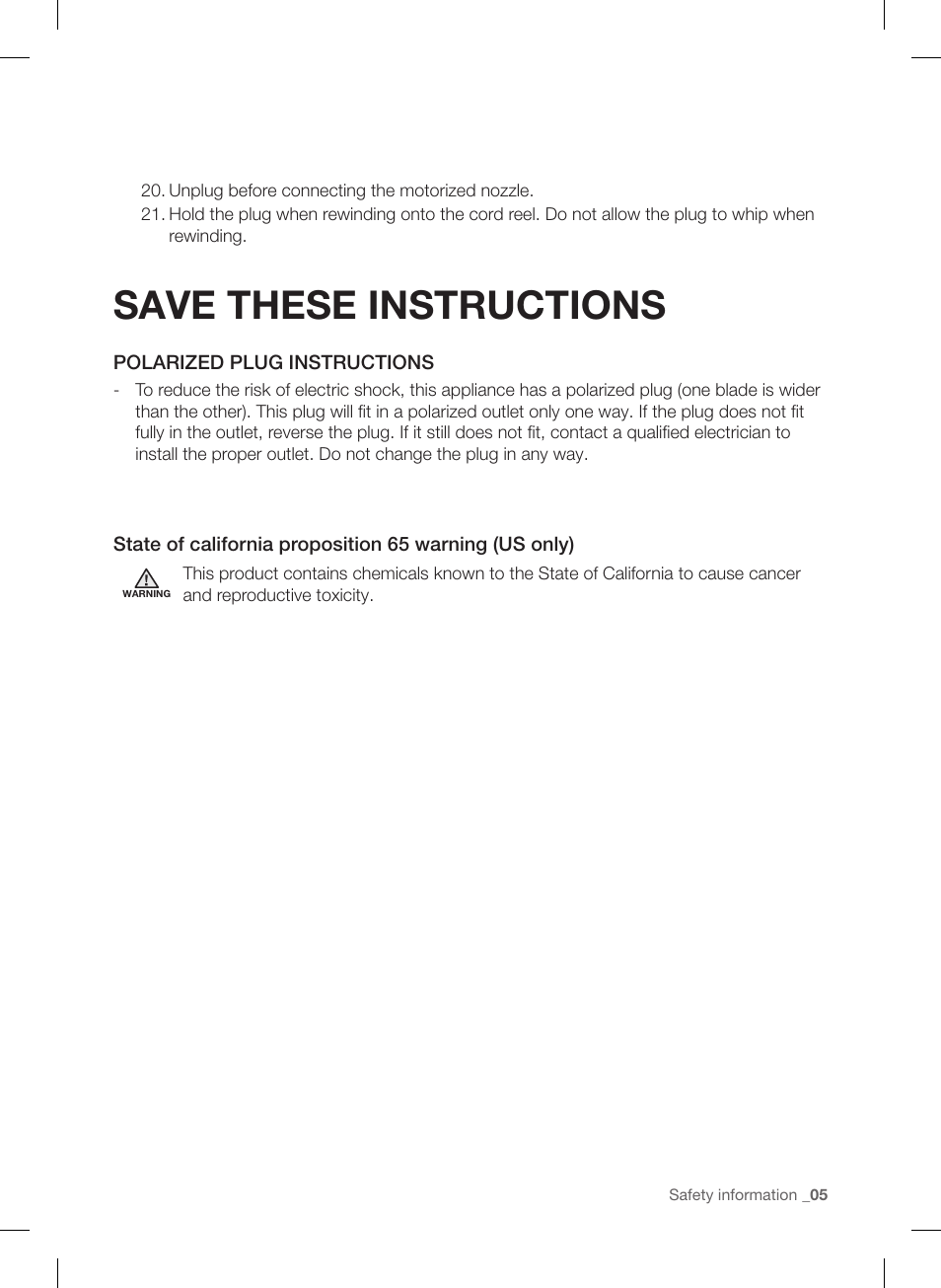 Save these instructions | Samsung VC12F70HNHR-AA User Manual | Page 5 / 72