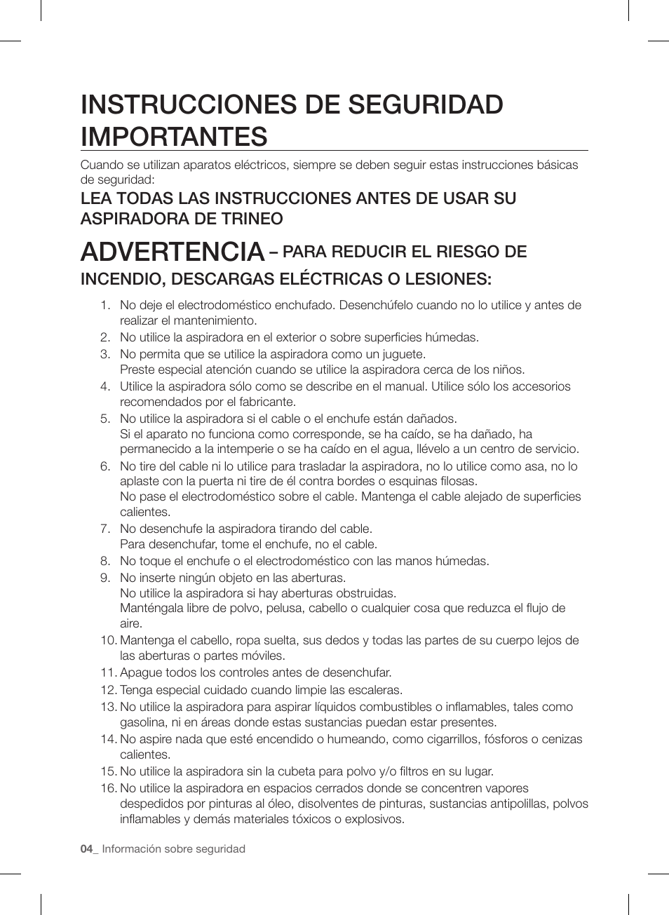 Instrucciones de seguridad importantes, Advertencia | Samsung VC12F70HNHR-AA User Manual | Page 52 / 72