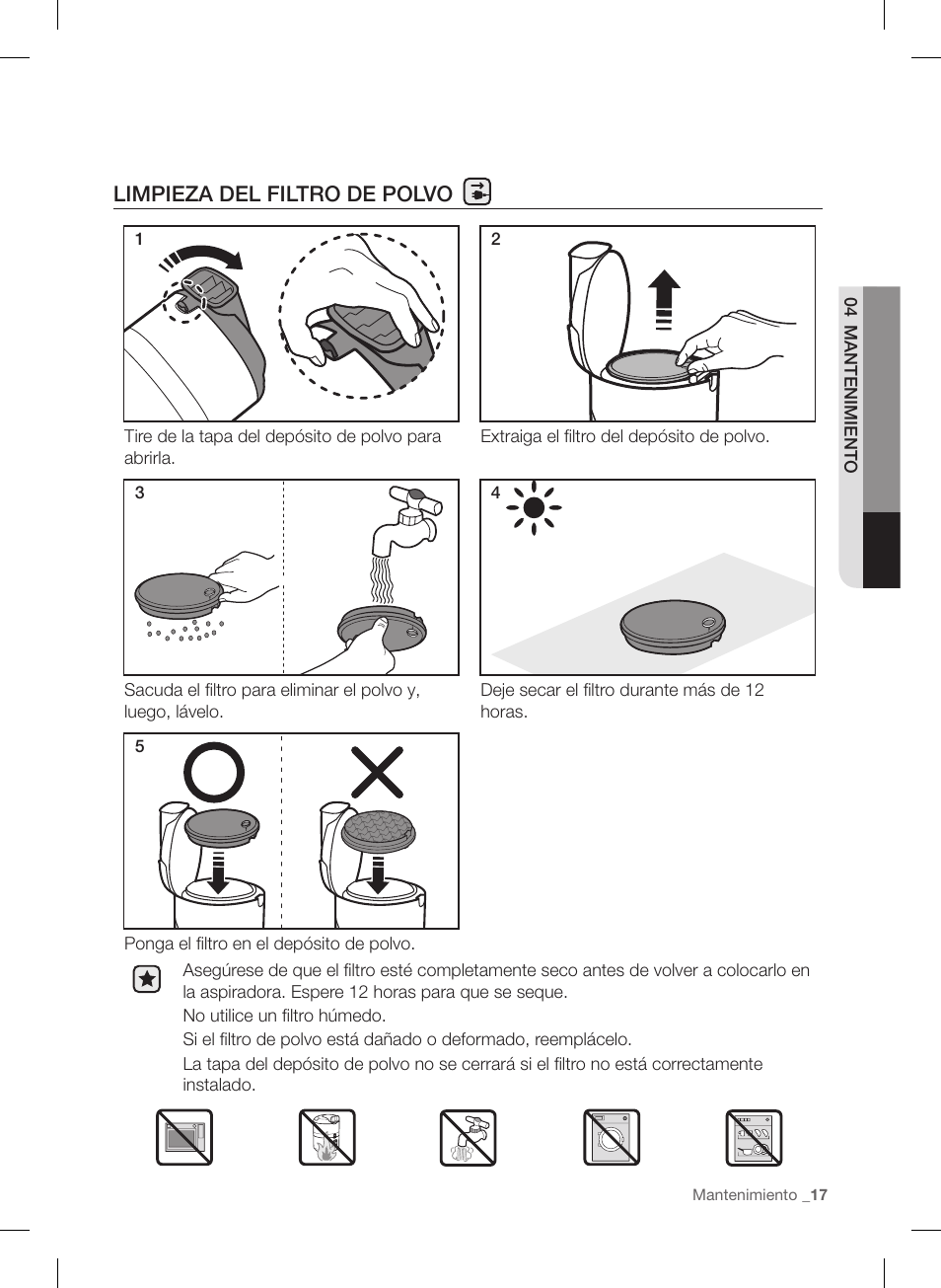 Limpieza del filtro de polvo | Samsung VC12F70HNHR-AA User Manual | Page 65 / 72