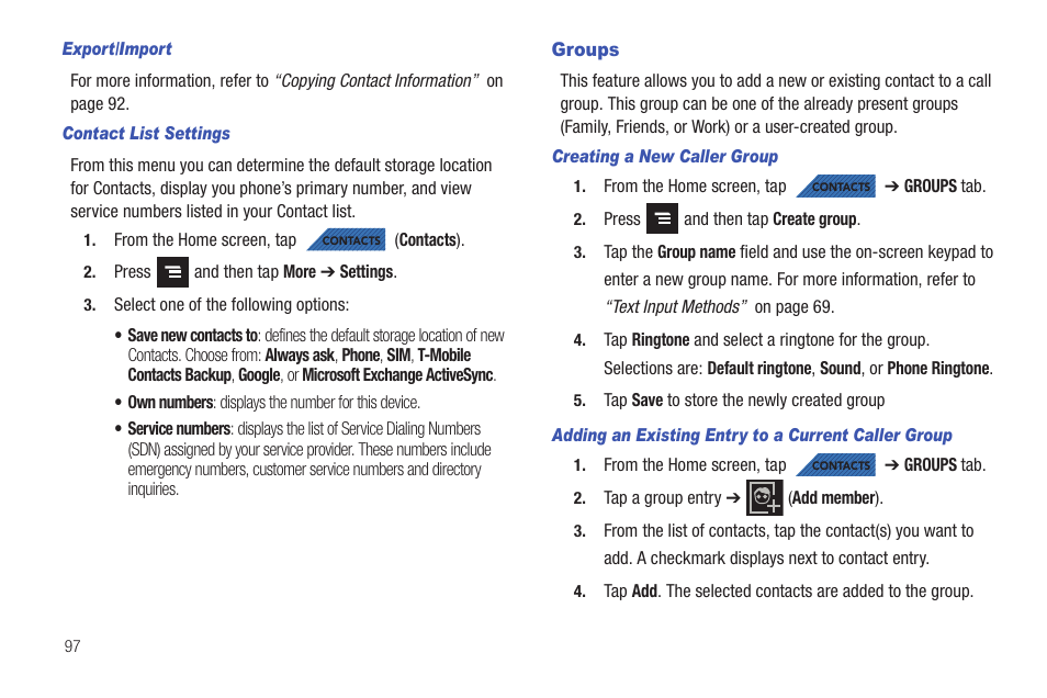 Groups | Samsung SGH-T839HAATMB User Manual | Page 102 / 262