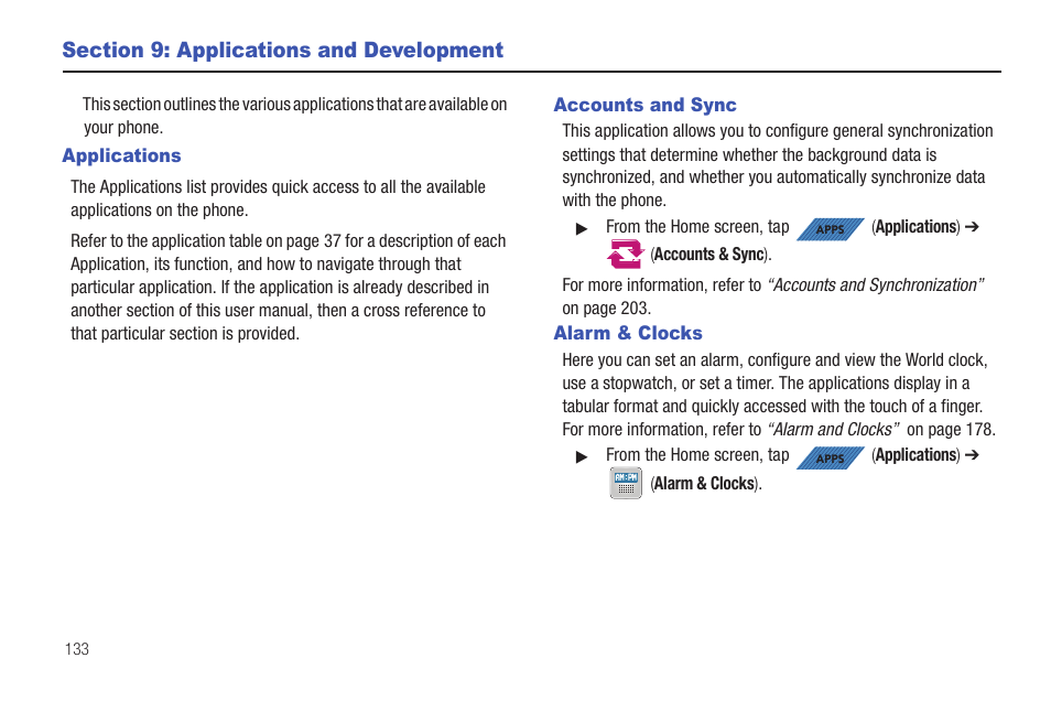 Section 9: applications and development, Applications, Accounts and sync | Alarm & clocks, Applications accounts and sync alarm & clocks | Samsung SGH-T839HAATMB User Manual | Page 138 / 262