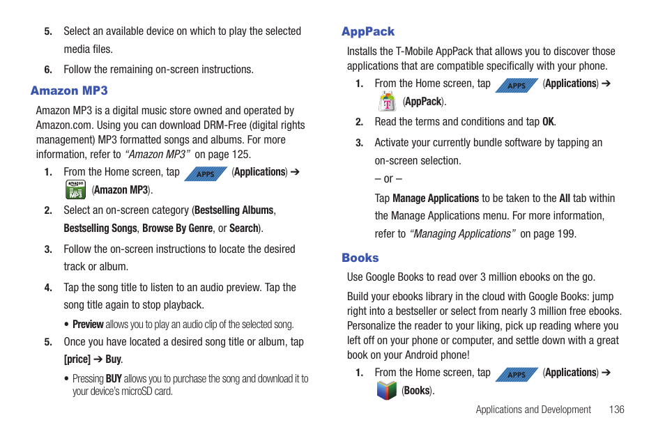 Amazon mp3, Apppack, Books | Amazon mp3 apppack books | Samsung SGH-T839HAATMB User Manual | Page 141 / 262