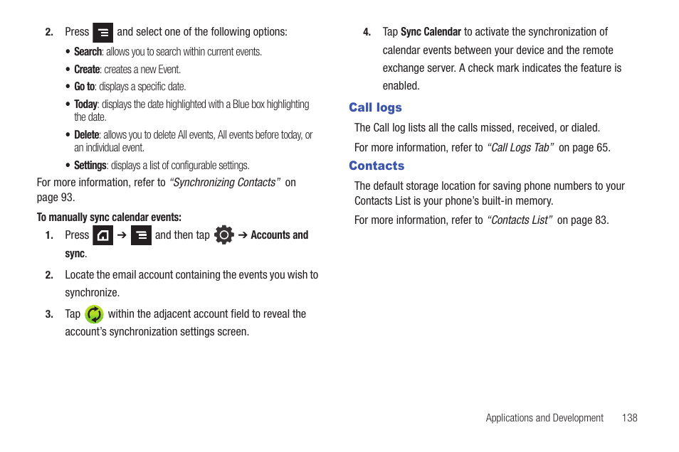 Call logs, Contacts, Call logs contacts | Samsung SGH-T839HAATMB User Manual | Page 143 / 262