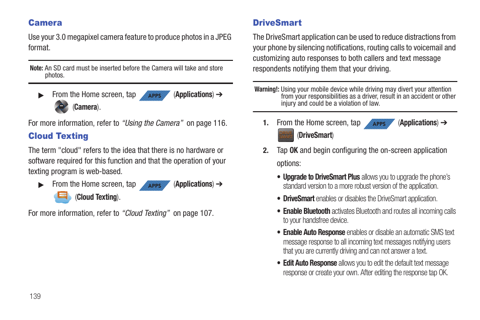 Camera, Cloud texting, Drivesmart | Camera cloud texting drivesmart | Samsung SGH-T839HAATMB User Manual | Page 144 / 262