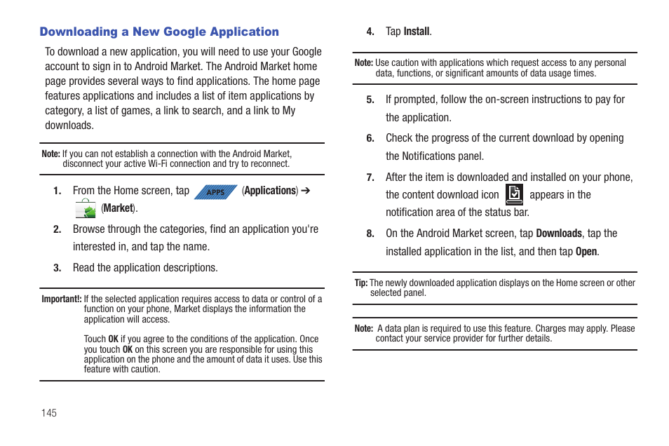 Downloading a new google application | Samsung SGH-T839HAATMB User Manual | Page 150 / 262