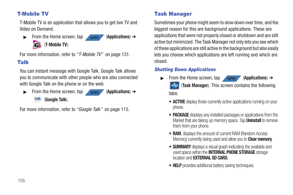 T-mobile tv, Talk, Task manager | T-mobile tv talk task manager | Samsung SGH-T839HAATMB User Manual | Page 160 / 262