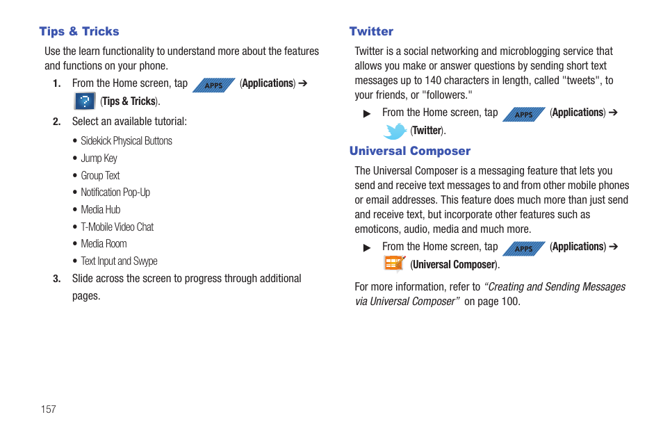 Tips & tricks, Twitter, Universal composer | Tips & tricks twitter universal composer | Samsung SGH-T839HAATMB User Manual | Page 162 / 262