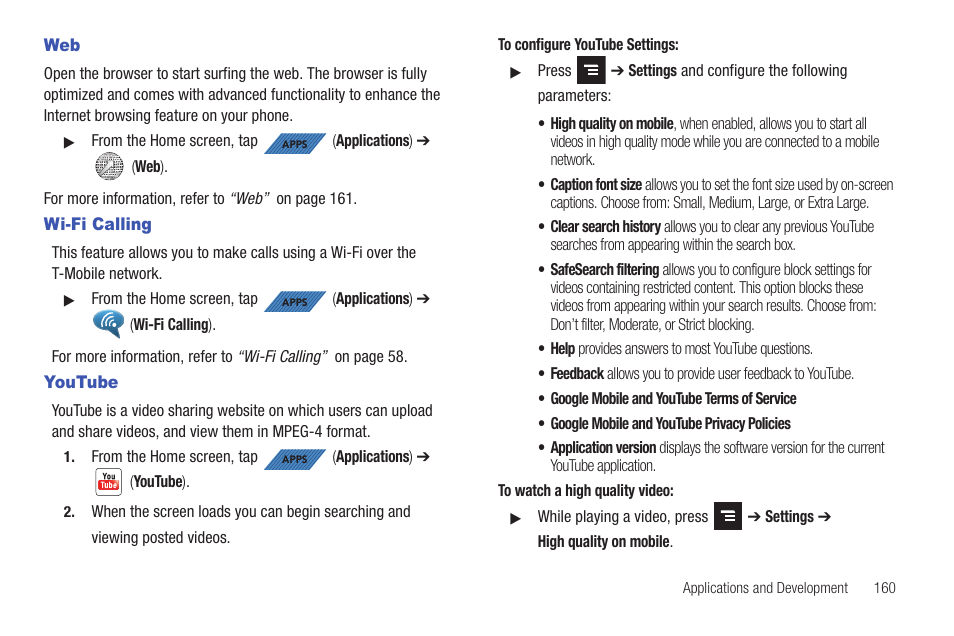 Wi-fi calling, Youtube, Web wi-fi calling youtube | Samsung SGH-T839HAATMB User Manual | Page 165 / 262