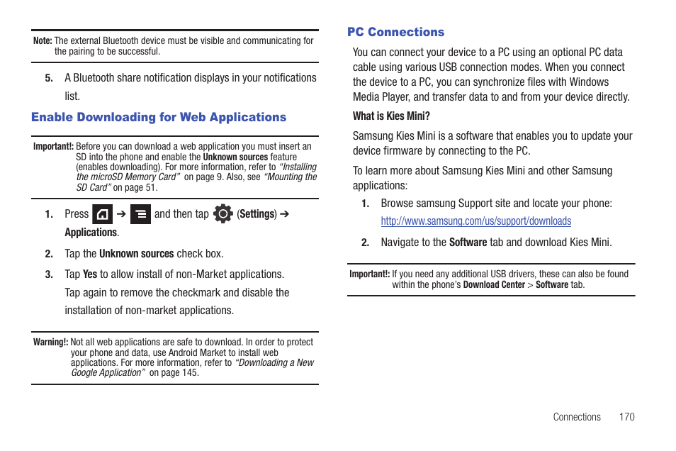 Enable downloading for web applications, Pc connections | Samsung SGH-T839HAATMB User Manual | Page 175 / 262