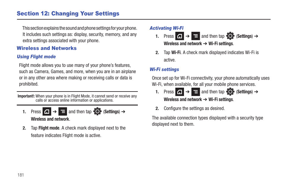 Section 12: changing your settings, Wireless and networks | Samsung SGH-T839HAATMB User Manual | Page 186 / 262