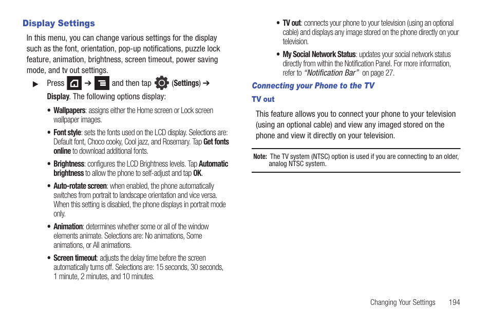 Display settings | Samsung SGH-T839HAATMB User Manual | Page 199 / 262