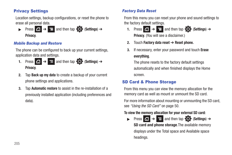 Privacy settings, Sd card & phone storage, Privacy settings sd card & phone storage | Samsung SGH-T839HAATMB User Manual | Page 210 / 262