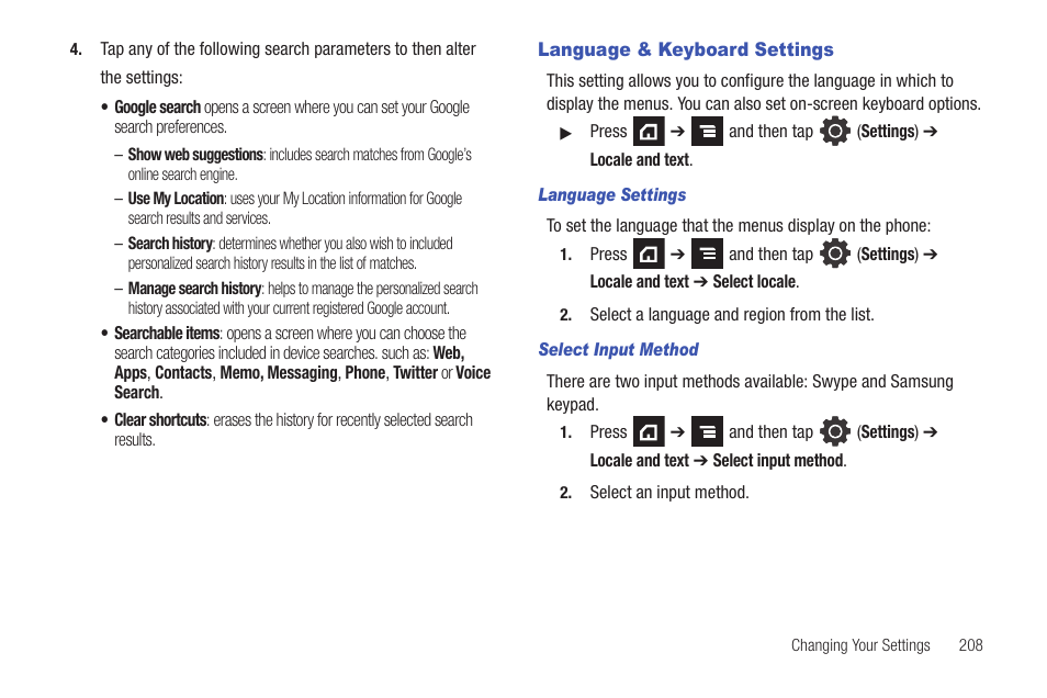 Language & keyboard settings | Samsung SGH-T839HAATMB User Manual | Page 213 / 262