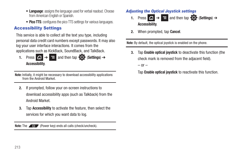 Accessibility settings | Samsung SGH-T839HAATMB User Manual | Page 218 / 262