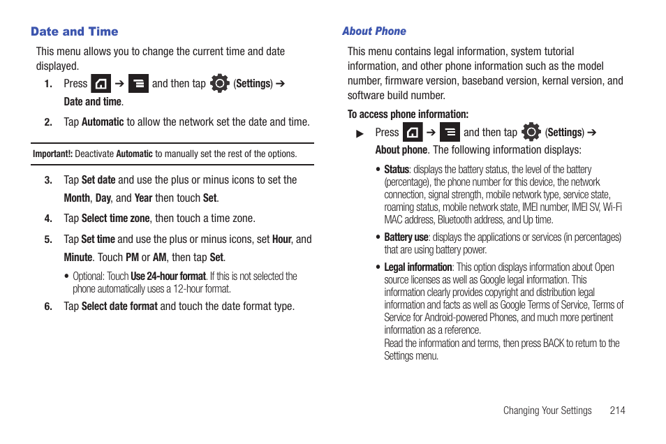 Date and time | Samsung SGH-T839HAATMB User Manual | Page 219 / 262