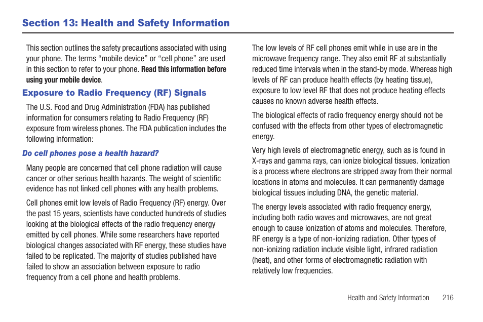 Section 13: health and safety information, Exposure to radio frequency (rf) signals | Samsung SGH-T839HAATMB User Manual | Page 221 / 262