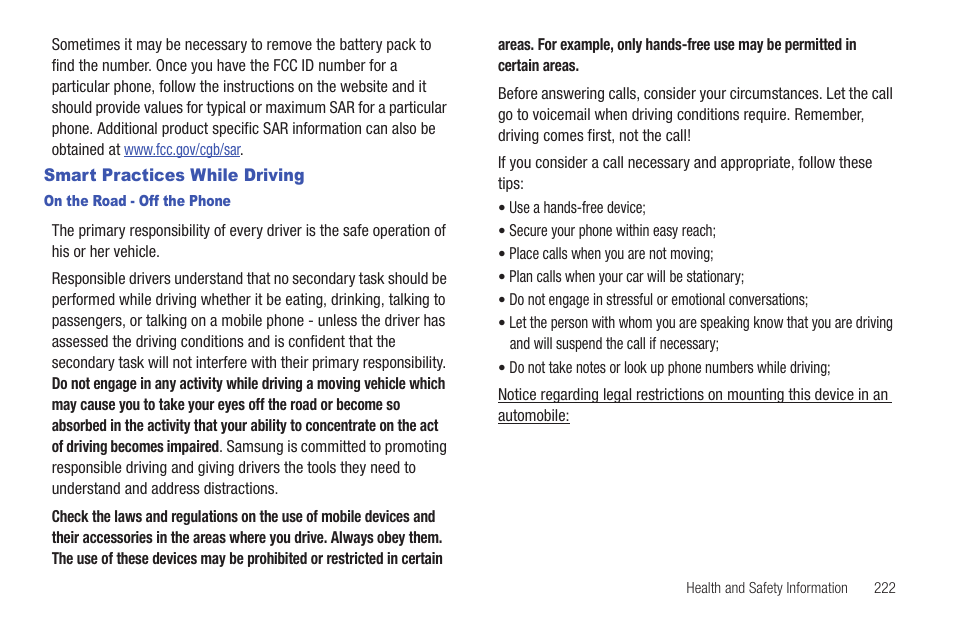 Smart practices while driving | Samsung SGH-T839HAATMB User Manual | Page 227 / 262