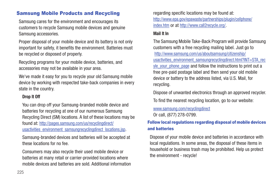 Samsung mobile products and recycling | Samsung SGH-T839HAATMB User Manual | Page 230 / 262