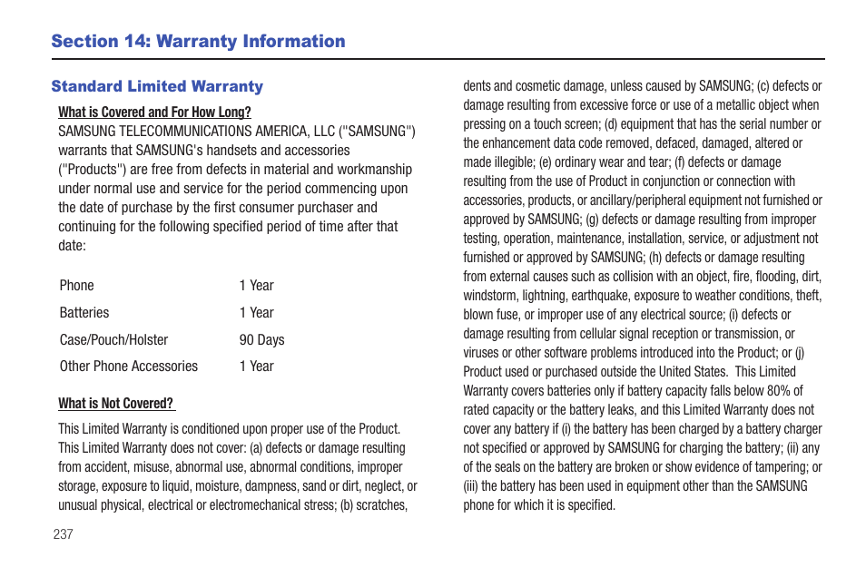 Section 14: warranty information, Standard limited warranty | Samsung SGH-T839HAATMB User Manual | Page 242 / 262