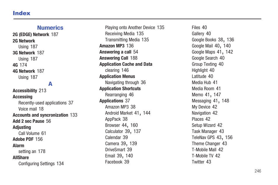 Index | Samsung SGH-T839HAATMB User Manual | Page 251 / 262