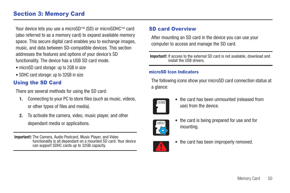 Section 3: memory card, Using the sd card, Sd card overview | Using the sd card sd card overview | Samsung SGH-T839HAATMB User Manual | Page 55 / 262