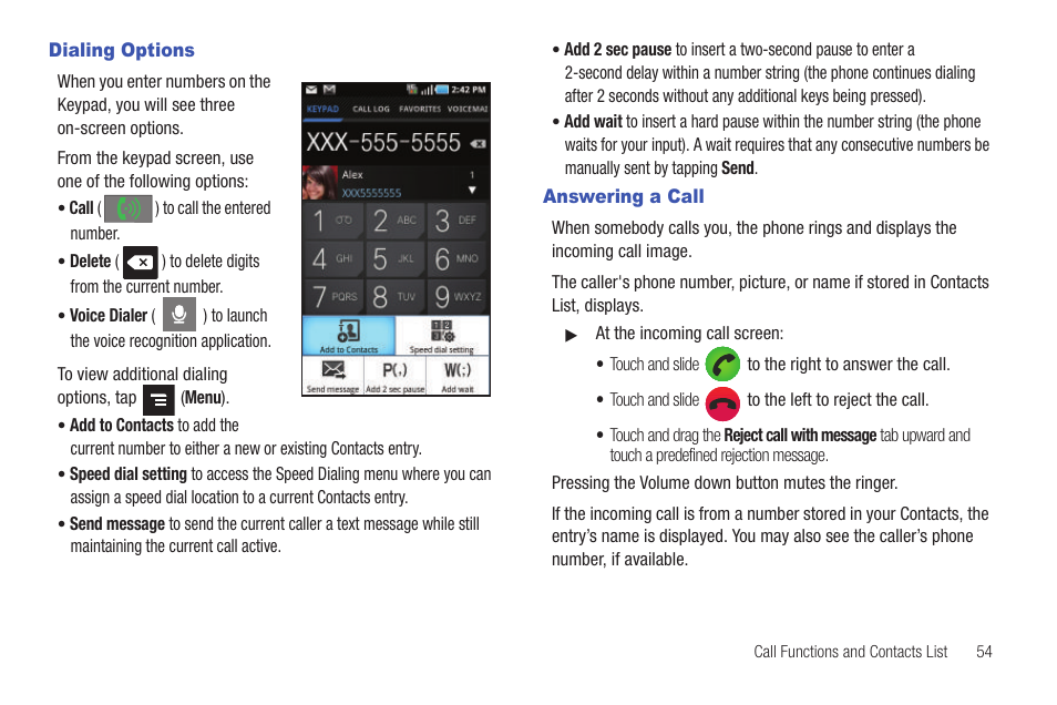 Dialing options, Answering a call, Dialing options answering a call | Samsung SGH-T839HAATMB User Manual | Page 59 / 262