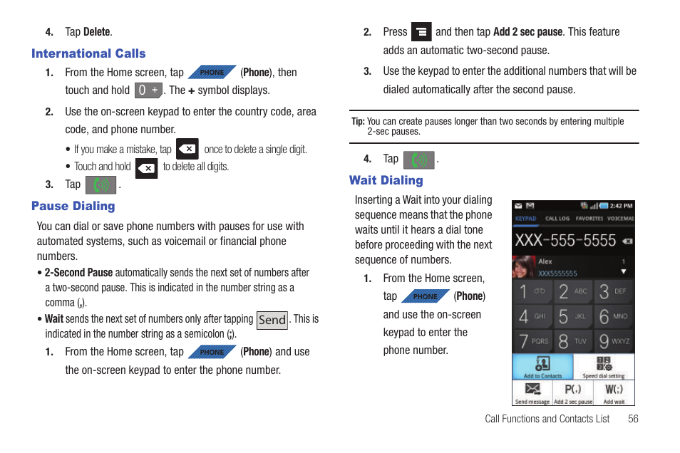 International calls, Pause dialing, Wait dialing | International calls pause dialing wait dialing | Samsung SGH-T839HAATMB User Manual | Page 61 / 262