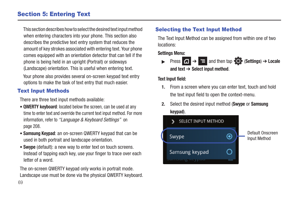 Section 5: entering text, Text input methods, Selecting the text input method | Text input methods selecting the text input method | Samsung SGH-T839HAATMB User Manual | Page 74 / 262