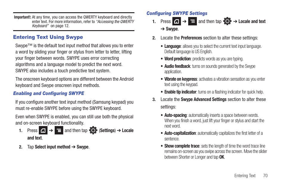 Entering text using swype | Samsung SGH-T839HAATMB User Manual | Page 75 / 262