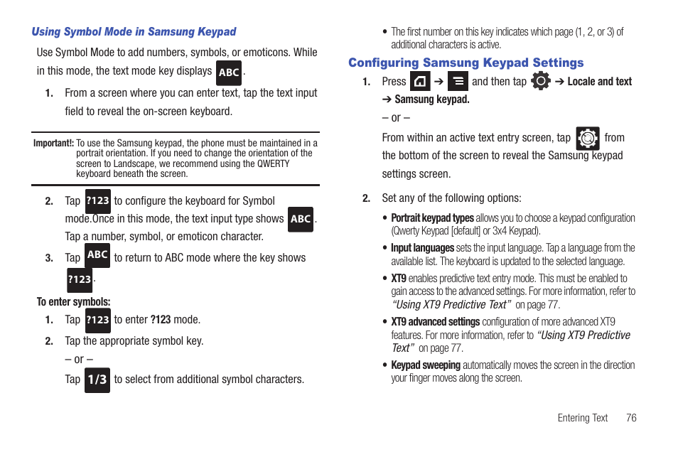 Configuring samsung keypad settings | Samsung SGH-T839HAATMB User Manual | Page 81 / 262