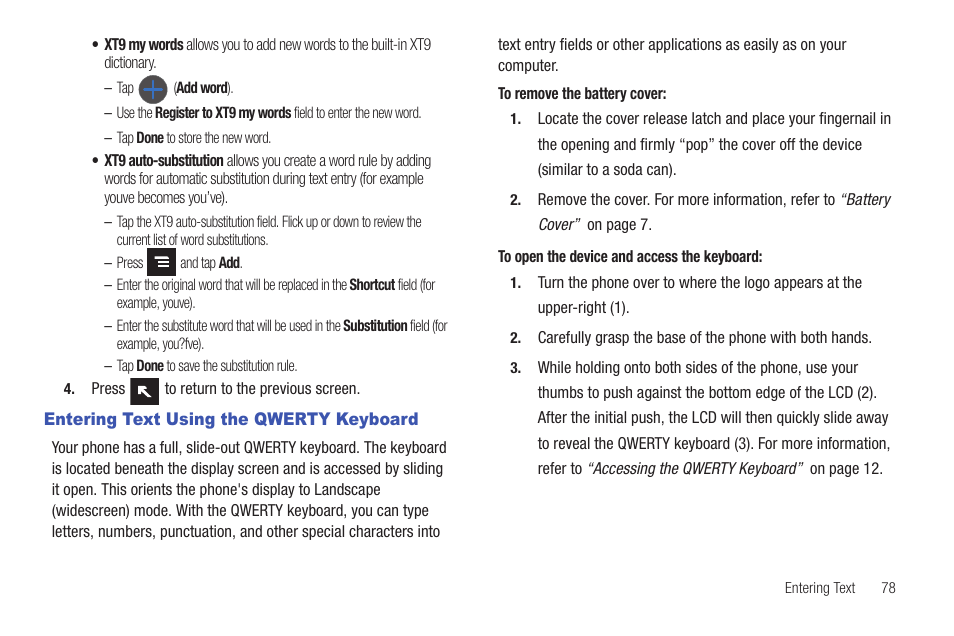 Entering text using the qwerty keyboard | Samsung SGH-T839HAATMB User Manual | Page 83 / 262