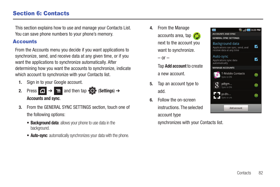 Section 6: contacts, Accounts | Samsung SGH-T839HAATMB User Manual | Page 87 / 262