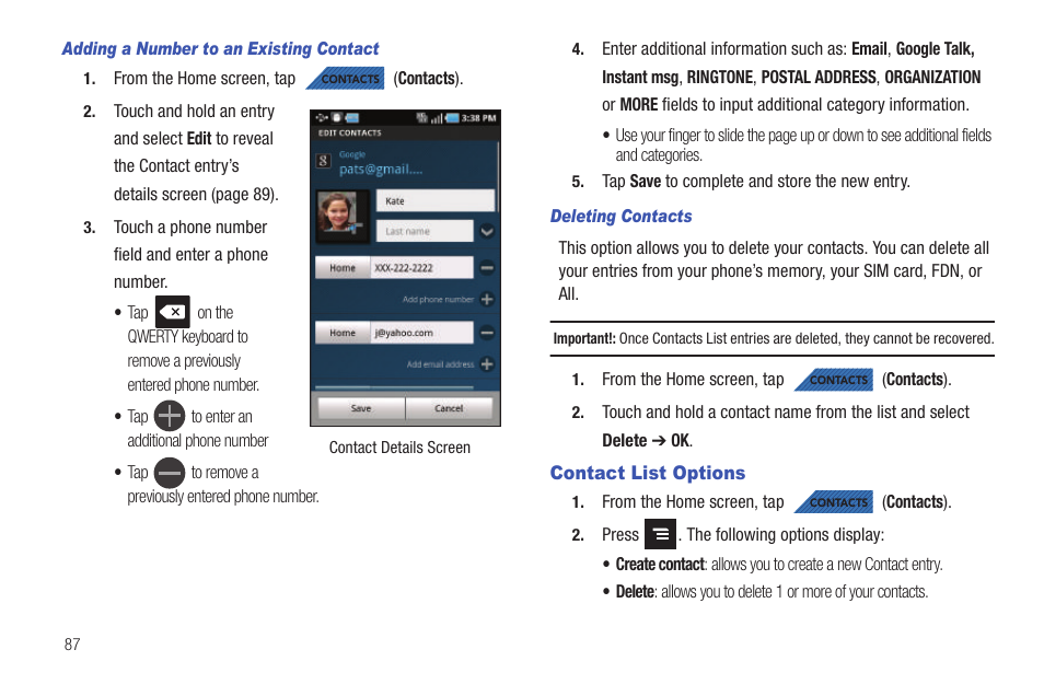 Contact list options | Samsung SGH-T839HAATMB User Manual | Page 92 / 262