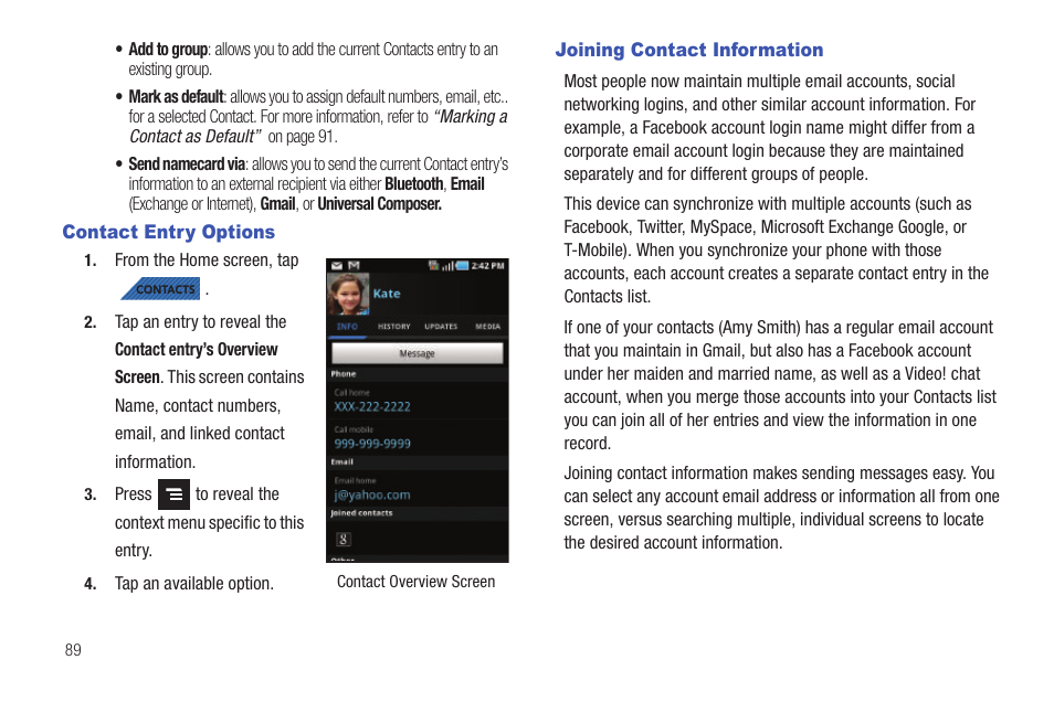 Contact entry options, Joining contact information, Contact entry options joining contact information | Samsung SGH-T839HAATMB User Manual | Page 94 / 262