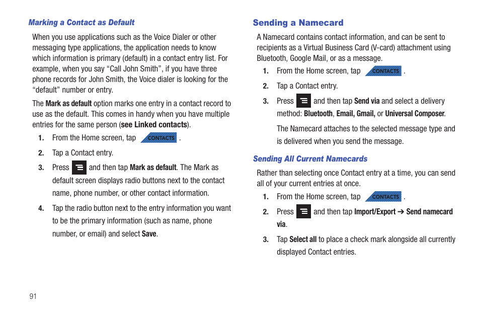 Sending a namecard | Samsung SGH-T839HAATMB User Manual | Page 96 / 262