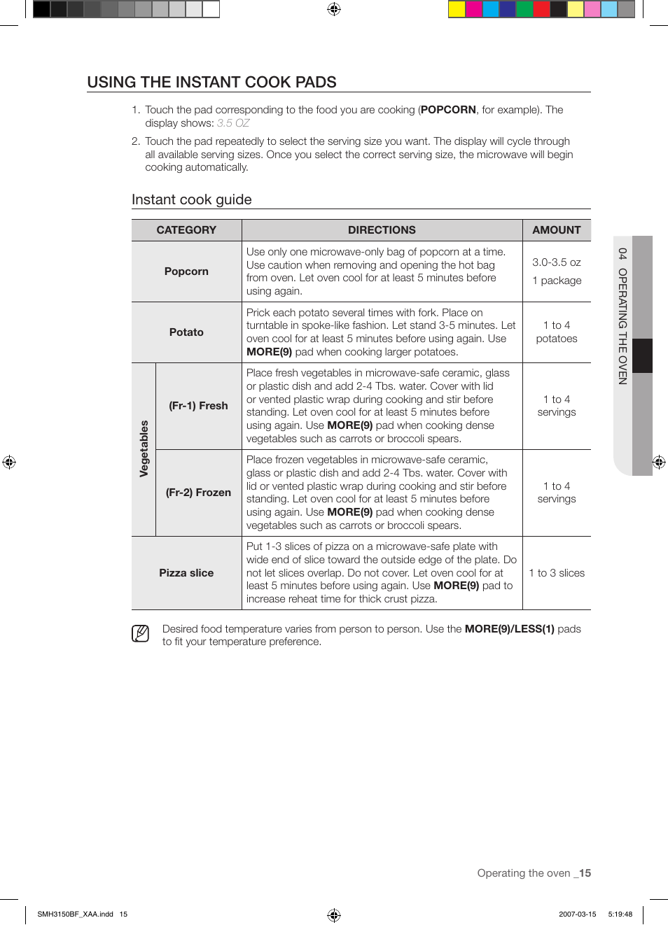 Using the instant cook pads, Instant cook guide | Samsung SMH3150WG-XAA User Manual | Page 15 / 32
