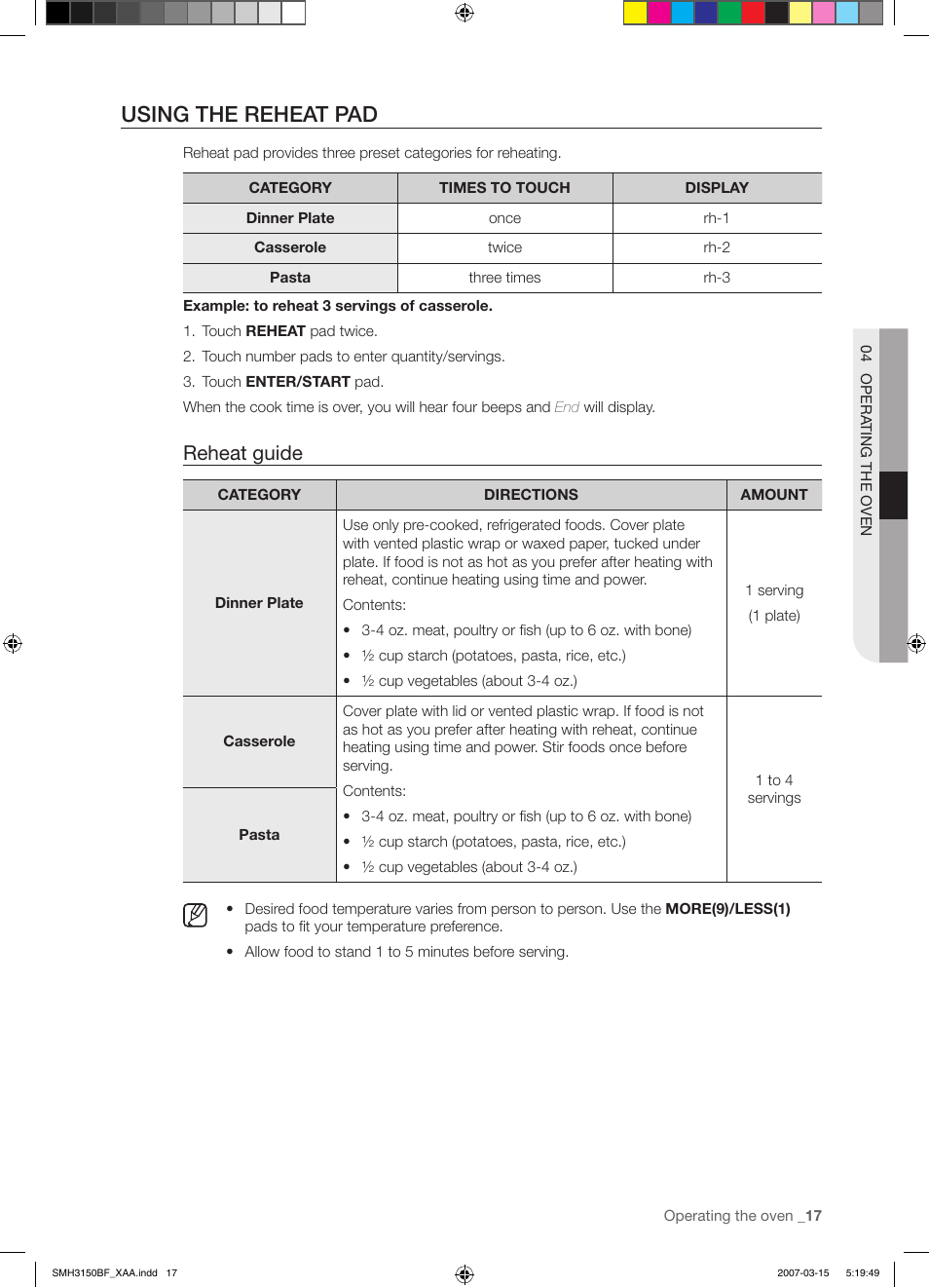 Using the reheat pad, Reheat guide | Samsung SMH3150WG-XAA User Manual | Page 17 / 32