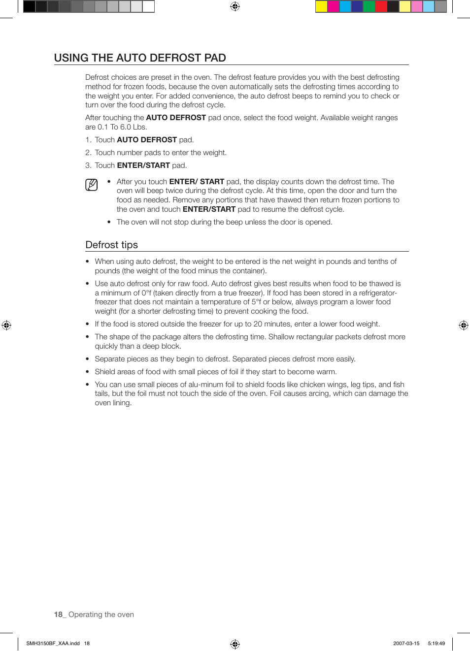 Using the auto defrost pad, Defrost tips | Samsung SMH3150WG-XAA User Manual | Page 18 / 32