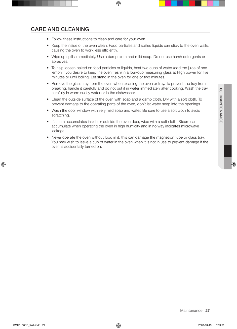 Care and cleaning | Samsung SMH3150WG-XAA User Manual | Page 27 / 32