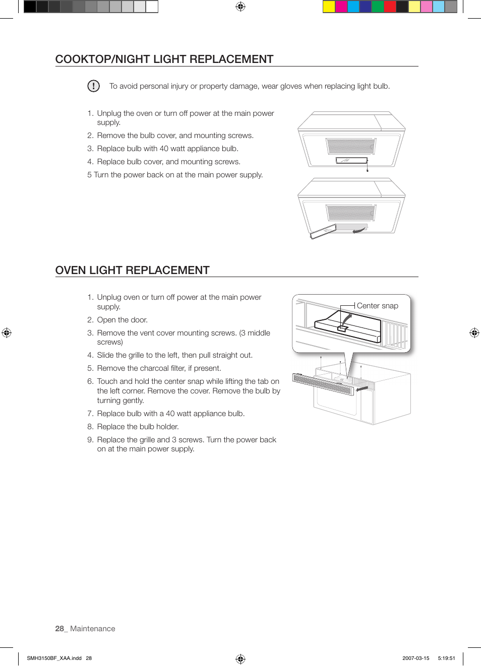 Cooktop/night light replacement, Oven light replacement | Samsung SMH3150WG-XAA User Manual | Page 28 / 32